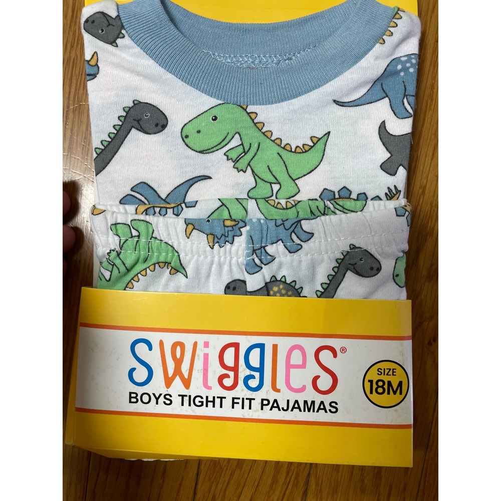 Swiggles Boys Dinosaur Print Tight Fit Pajamas 2 Piece Set White Blue 18M NEW
